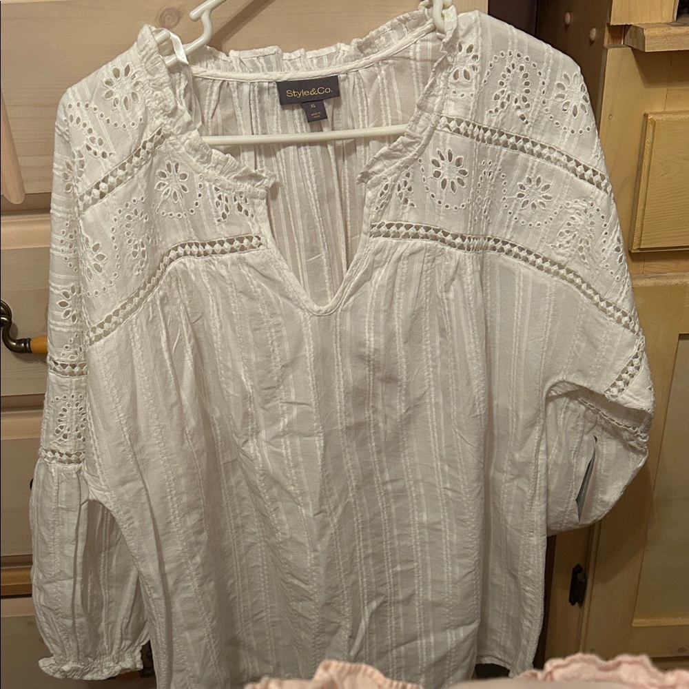 Style & Co. Women's White Eyelet Blouse
